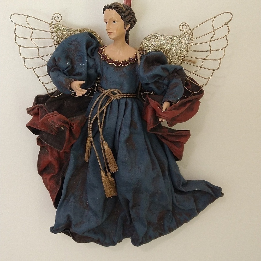 Vintage Renaissance Christmas angel ornament with gold wings large 14 x 11 blue